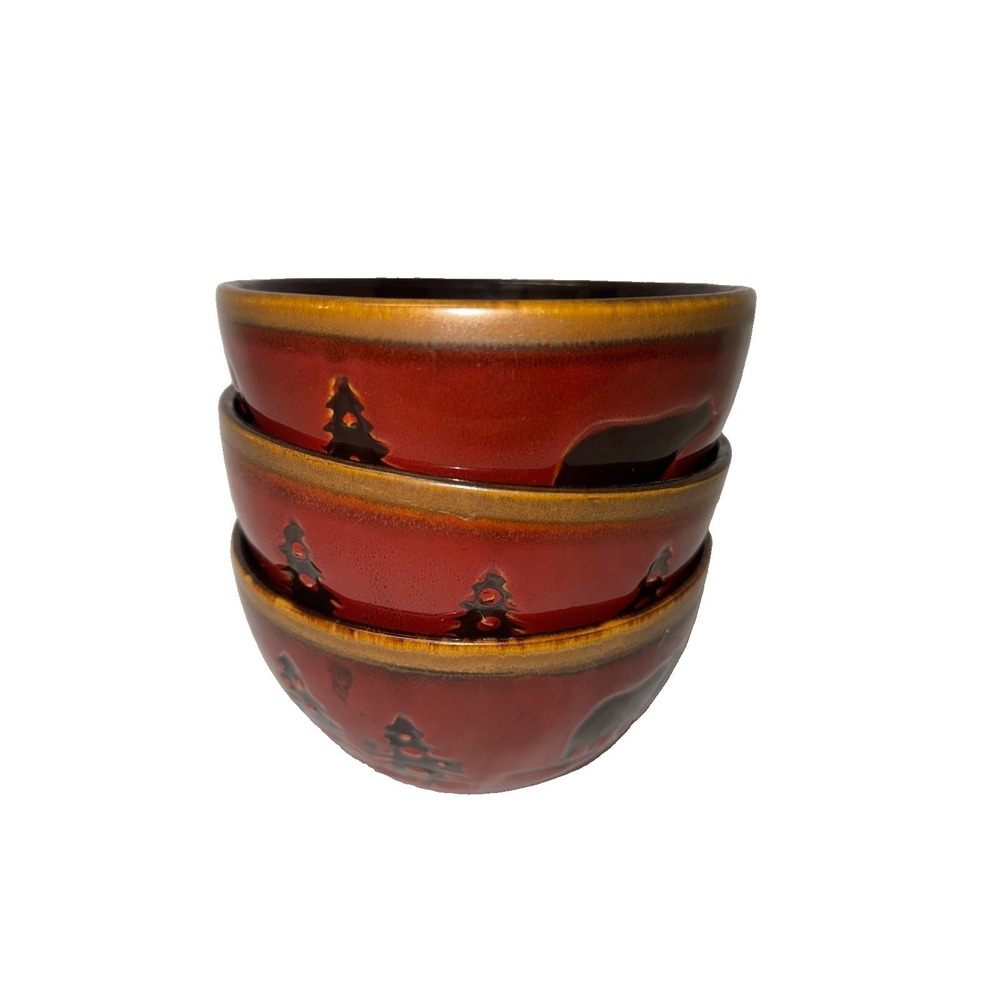 Home Studio Woodland Red Stoneware Soup Bowls Black Bear Pine Tree Rustic Lodge